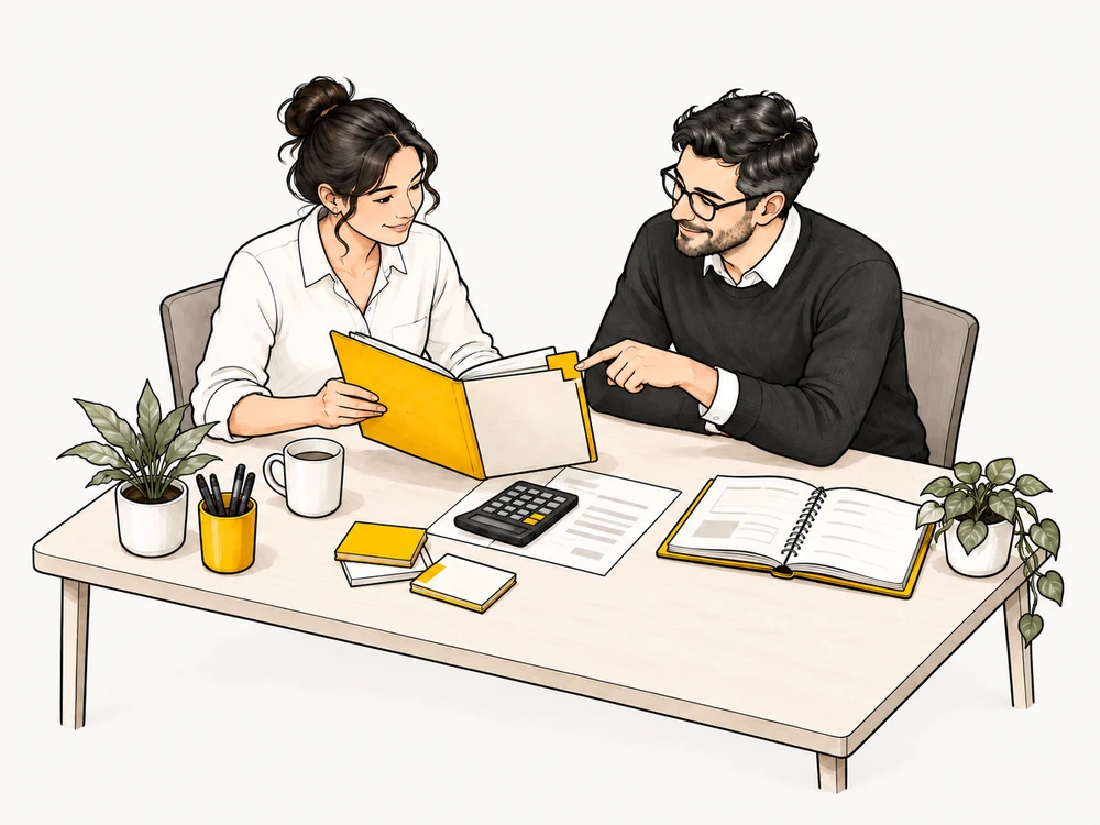 Two colleagues look through a yellow-tabbed folder, with a calculator, customer cards, and a notebook on their desk.