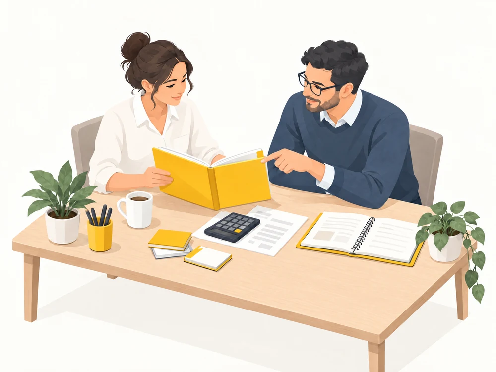 Two colleagues look through a yellow-tabbed folder, with a calculator, customer cards, and a notebook on their desk.