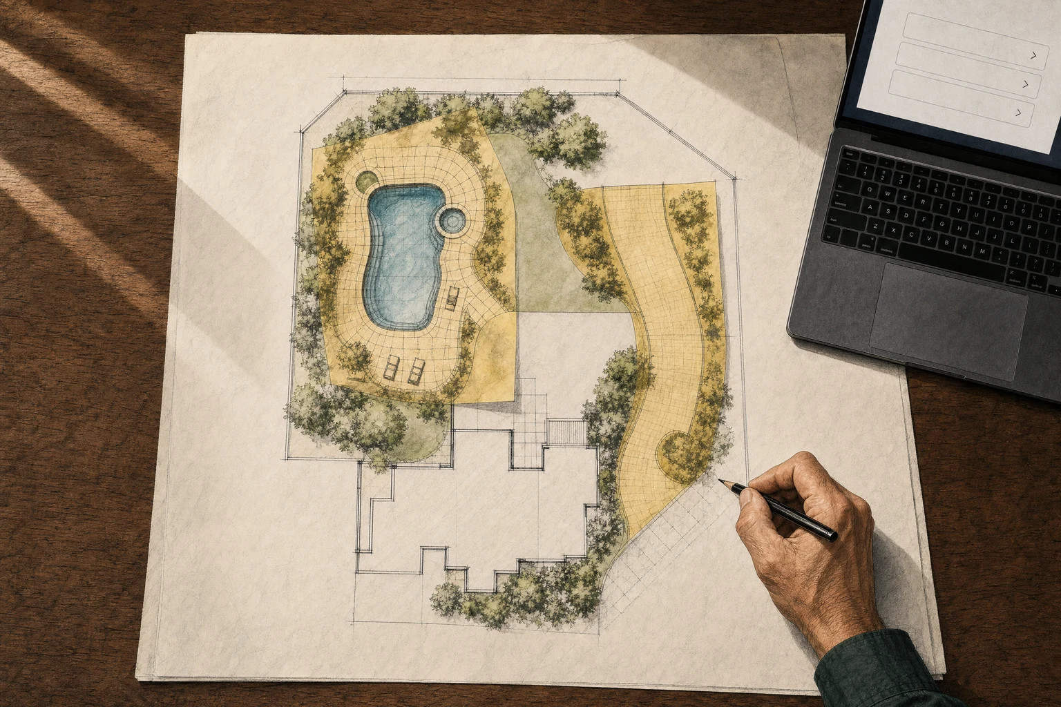 Illustration of a hand marking a pool and driveway plan beside a laptop.