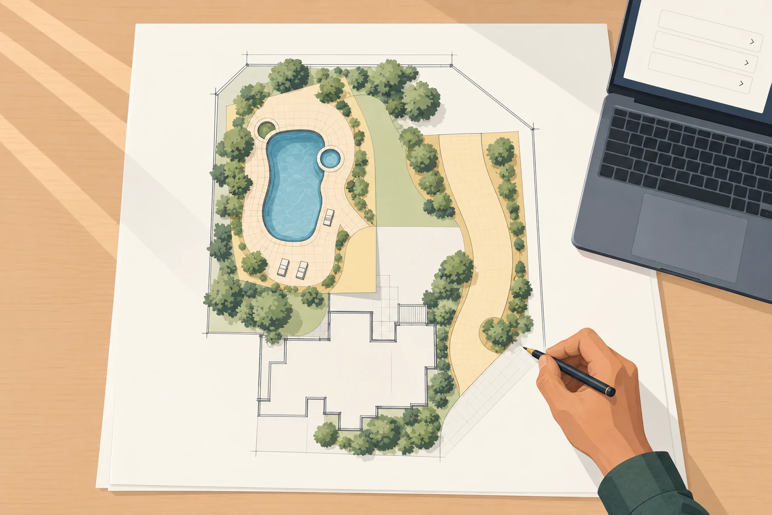 Illustration of a hand marking a pool and driveway plan beside a laptop.