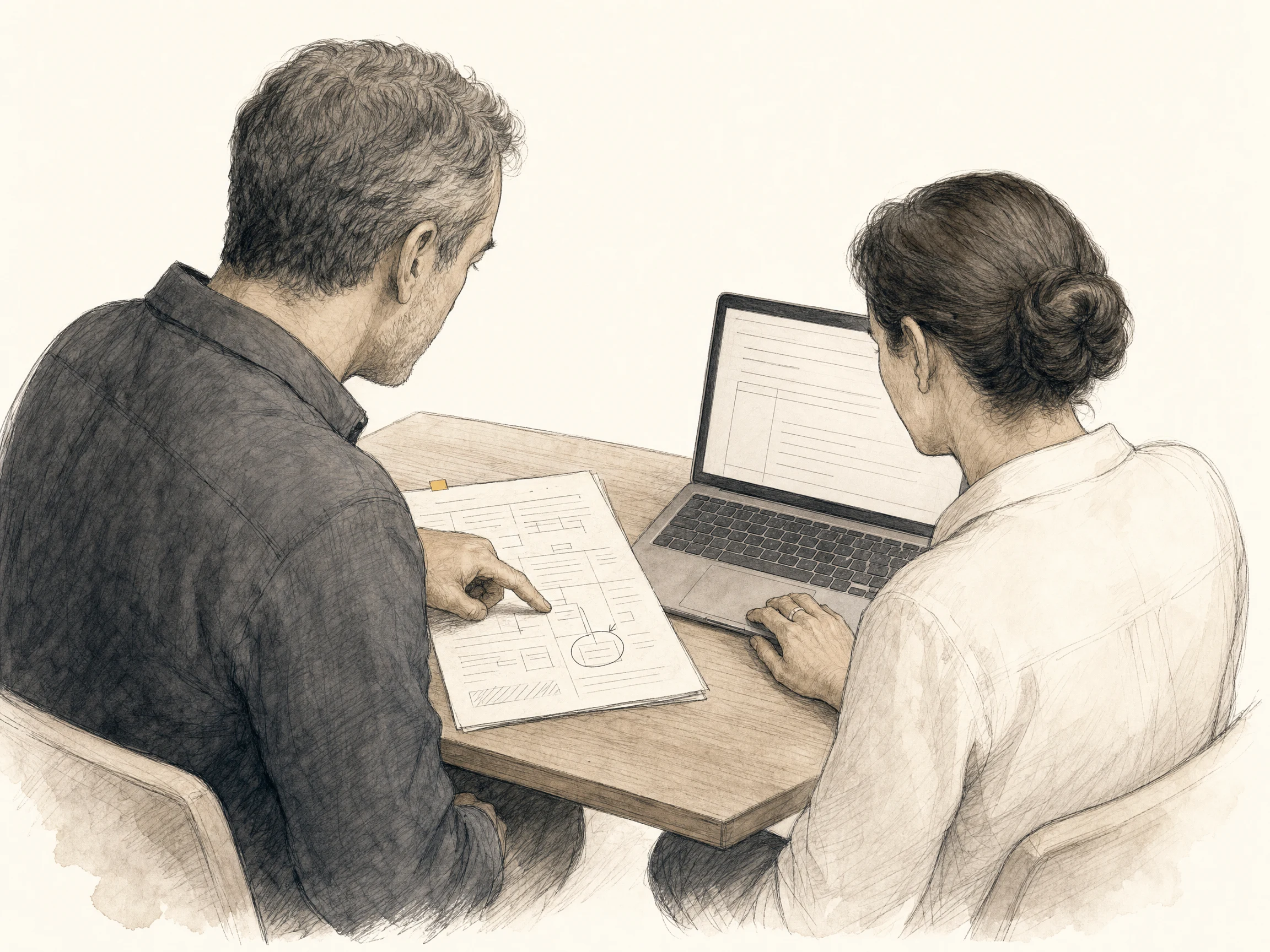 Two colleagues compare a process sheet with the software on a laptop.