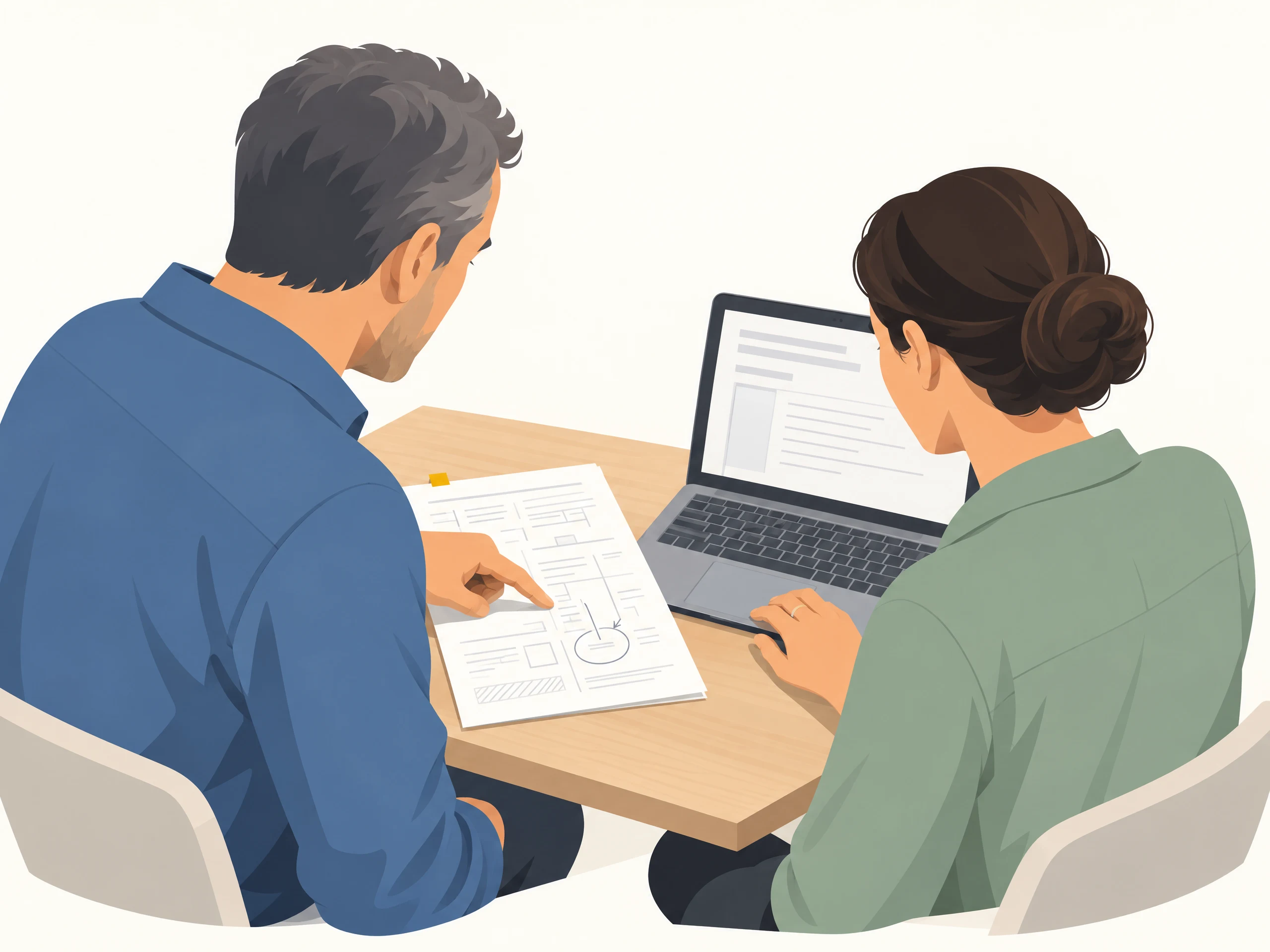 Two colleagues compare a process sheet with the software on a laptop.