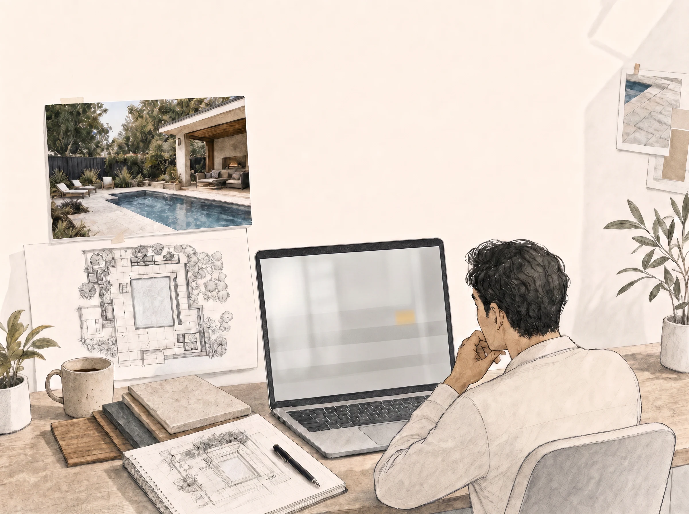A project manager considers the work at a desk surrounded by plans, material samples, and a photograph of the pool project.