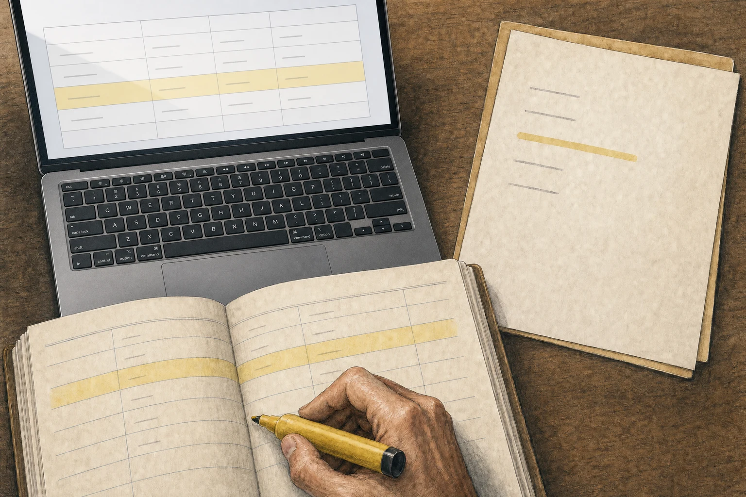 Illustration of a hand with a highlighter comparing a spreadsheet, a paper document, and an open ledger.