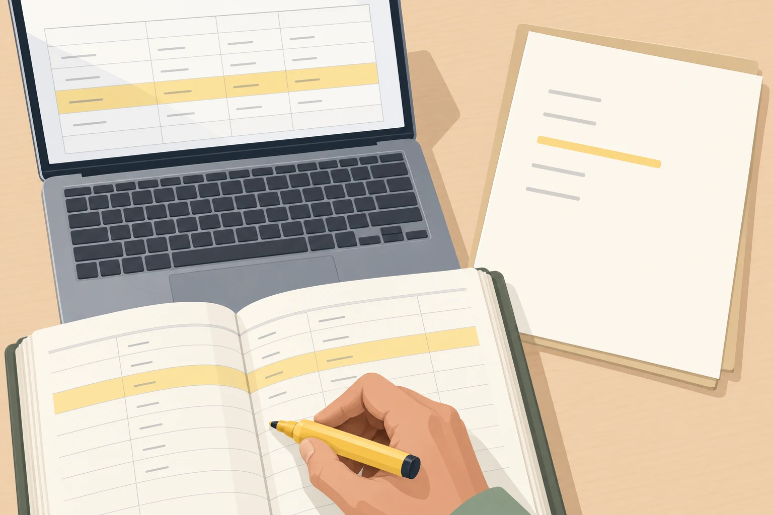 Illustration of a hand with a highlighter comparing a spreadsheet, a paper document, and an open ledger.