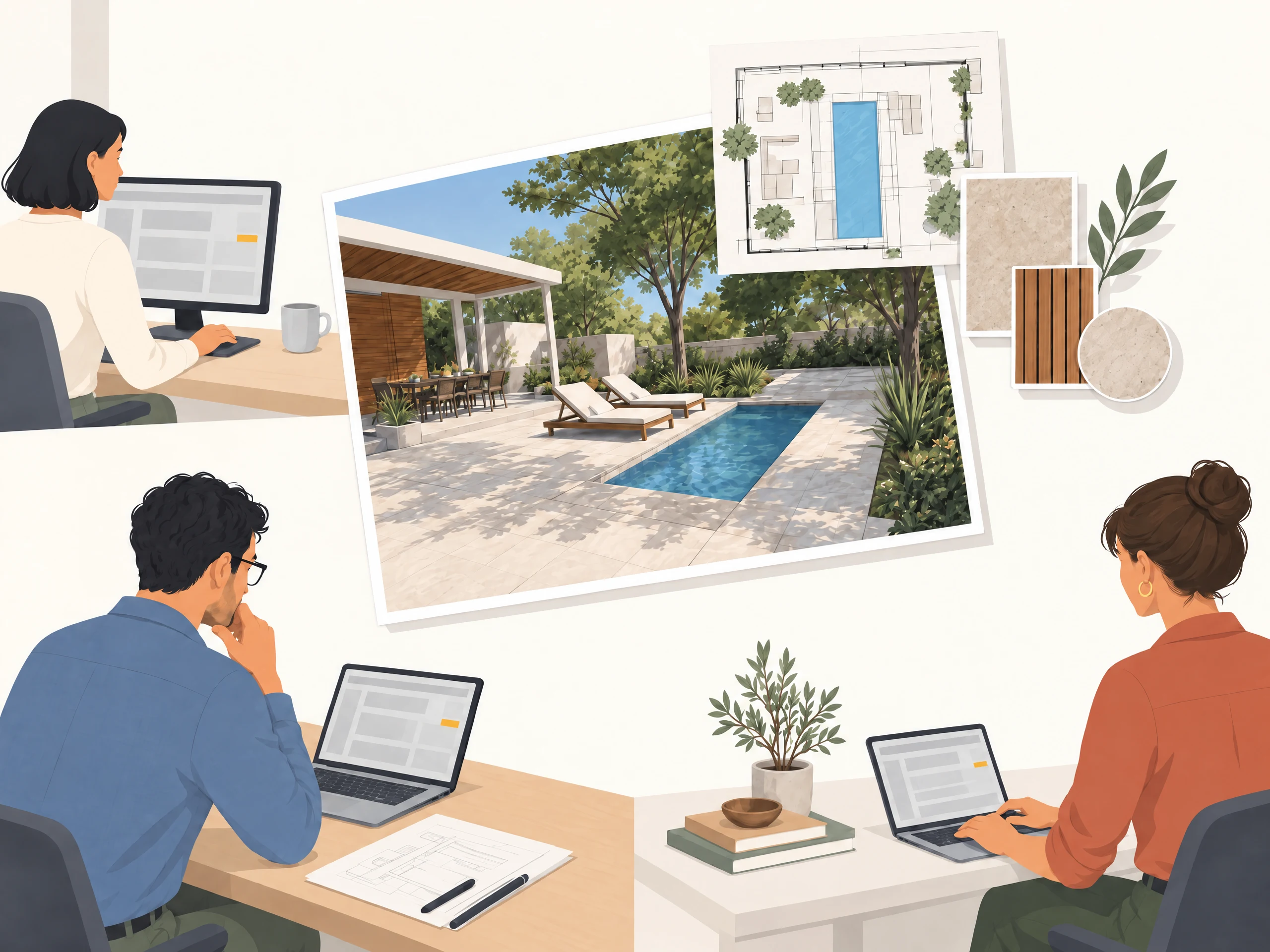 Three colleagues work at their desks around the same pool project, plans, and material samples.