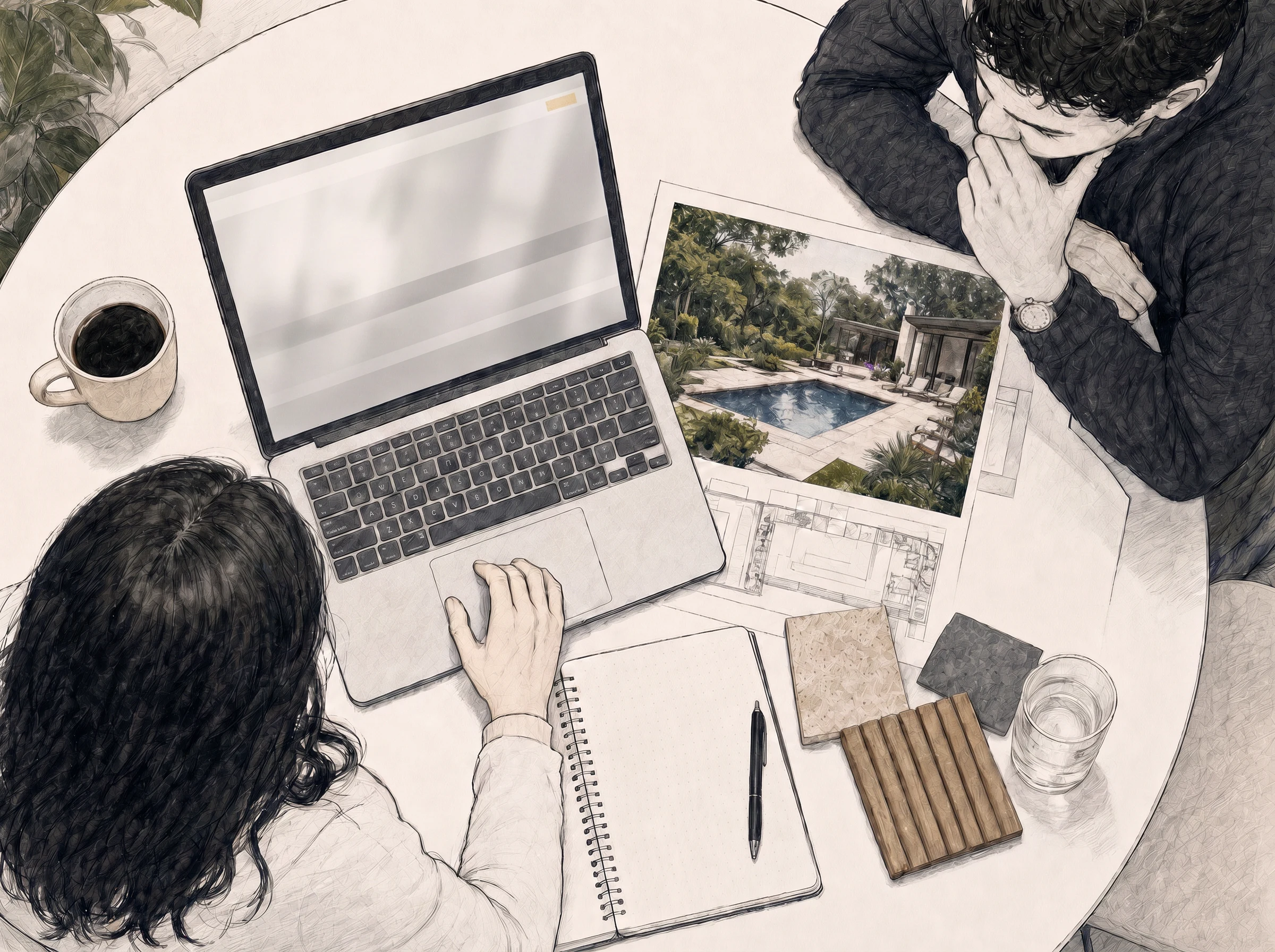 Two colleagues lean over a laptop, pool plans, and material samples as they work through a decision together.