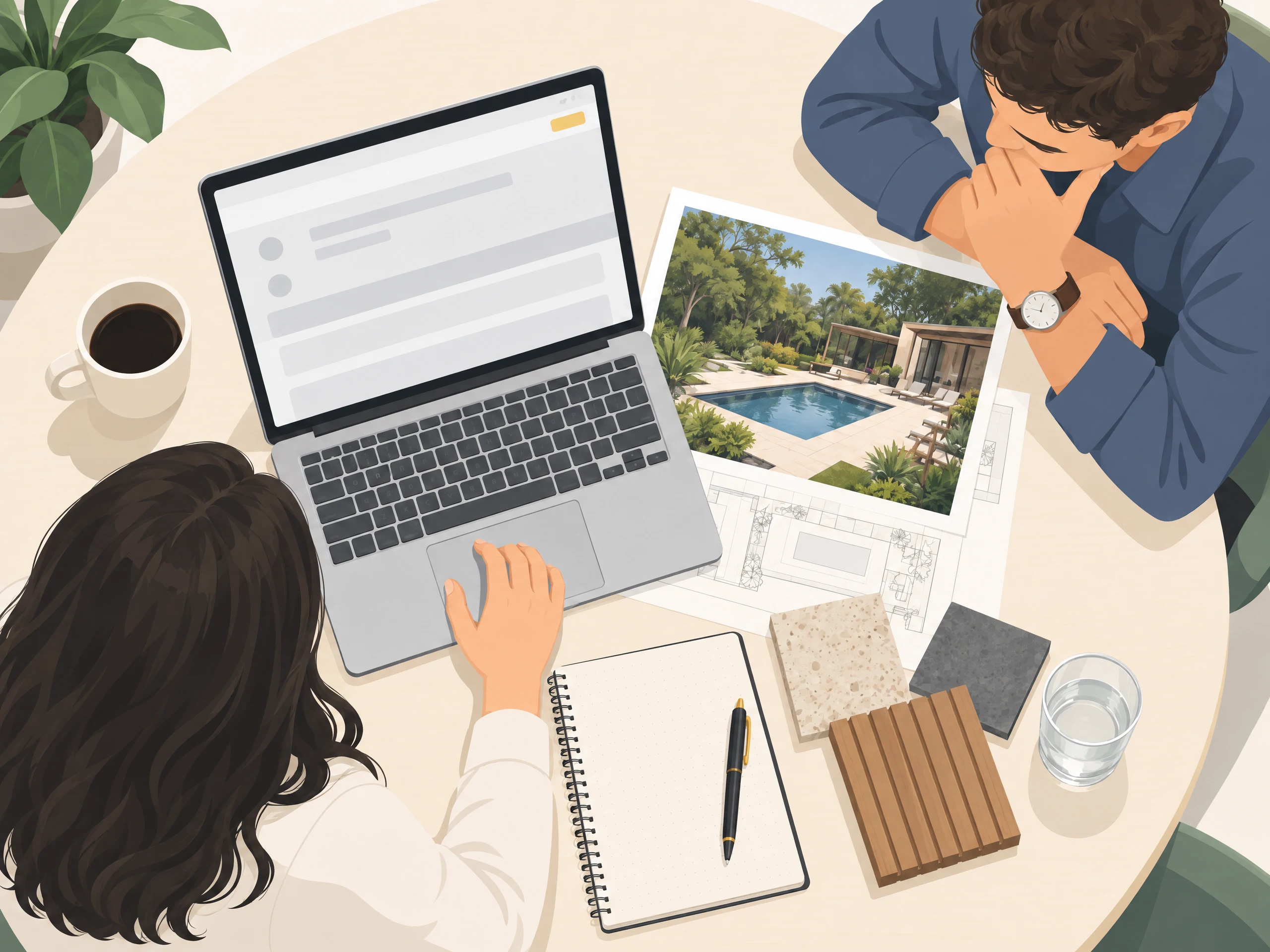 Two colleagues lean over a laptop, pool plans, and material samples as they work through a decision together.