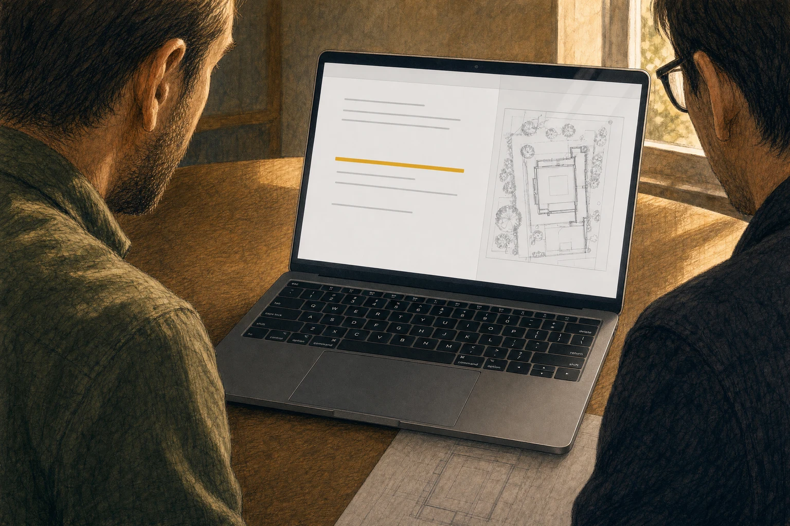Illustration of two colleagues reviewing a highlighted document on a laptop beside a site plan.