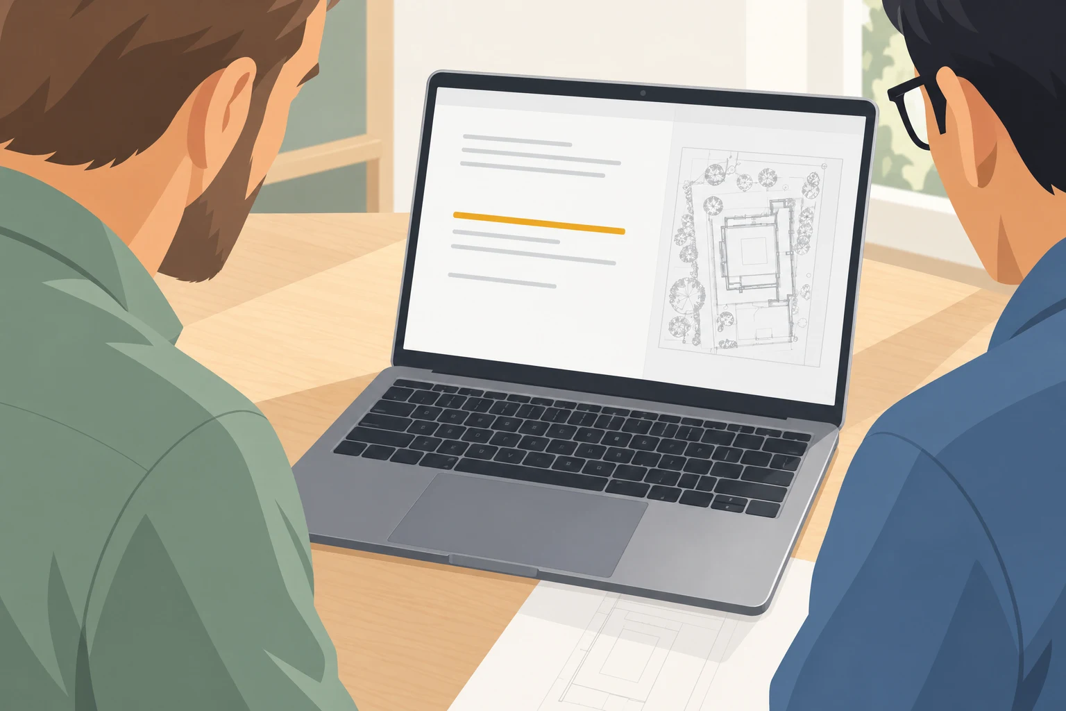 Illustration of two colleagues reviewing a highlighted document on a laptop beside a site plan.
