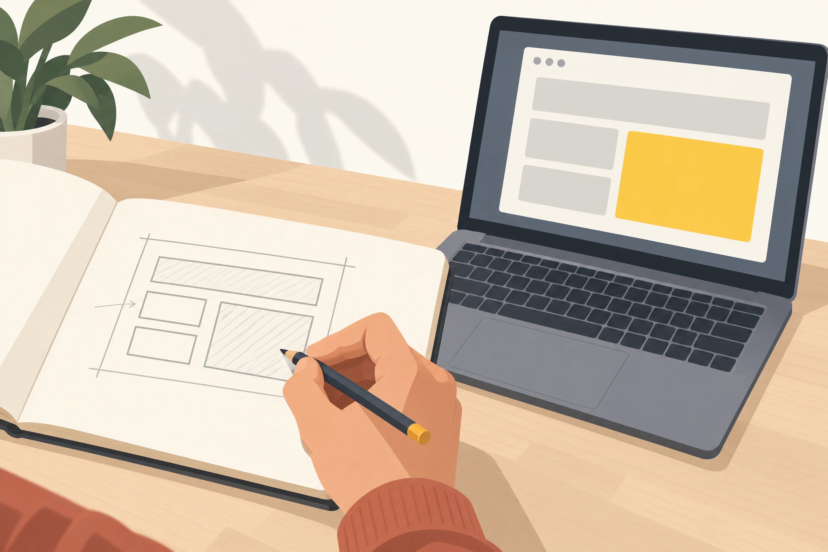 A hand drawing a sketch beside a matching software screen.