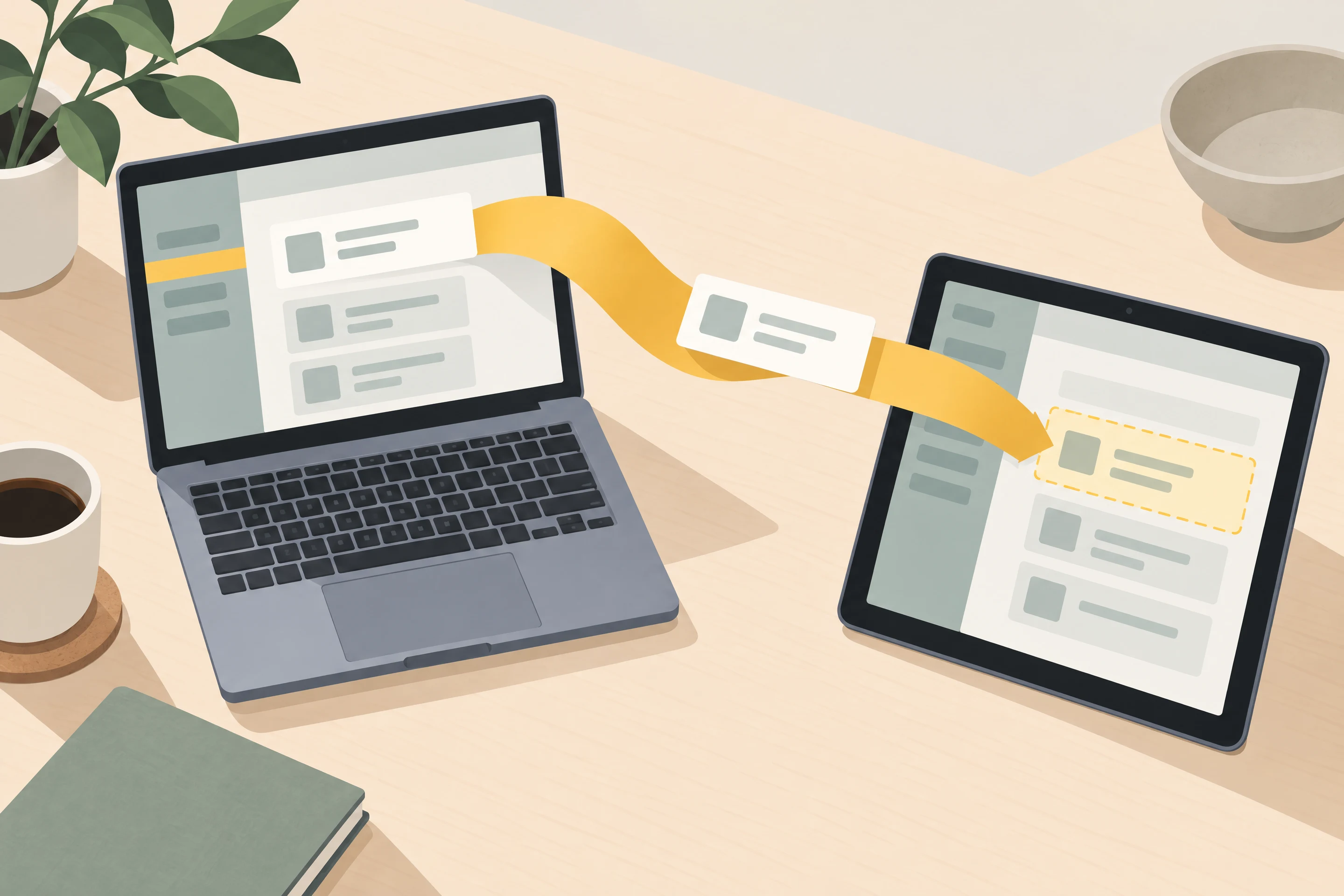 Two devices linked by a gold paper ribbon of shared records.