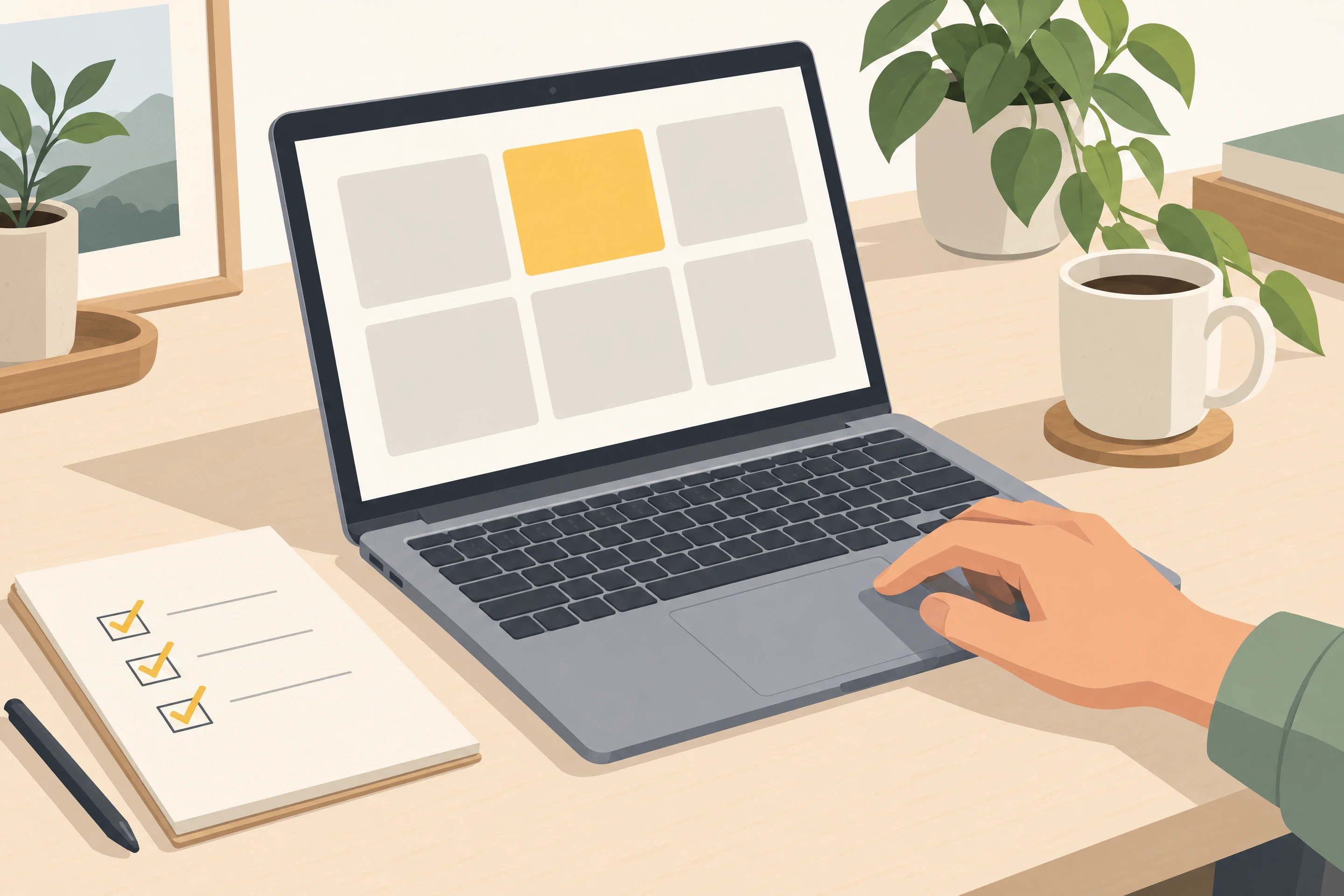 A hand reviewing a checklist beside a laptop.