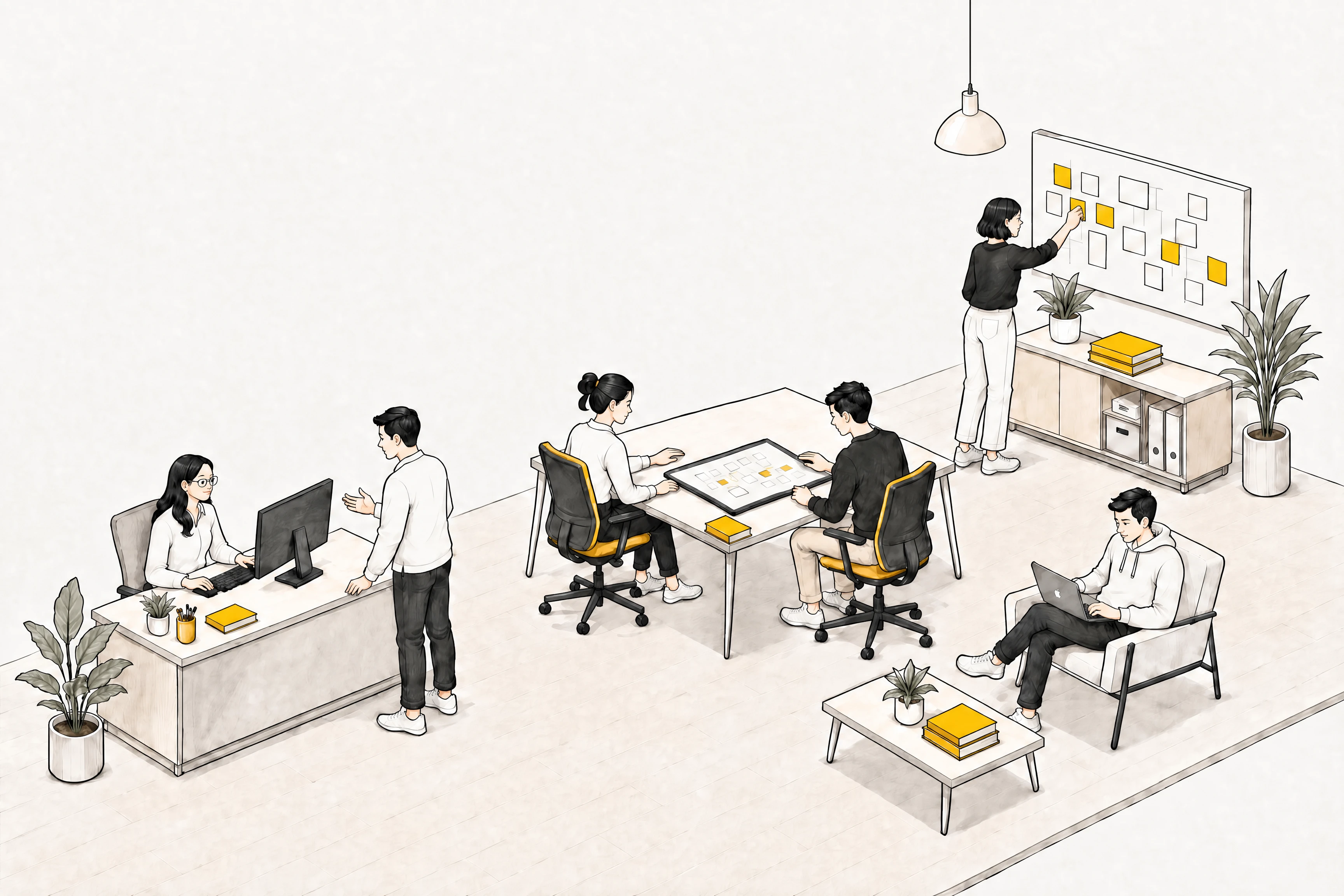 Illustration of people reviewing a workflow and working together in an office.