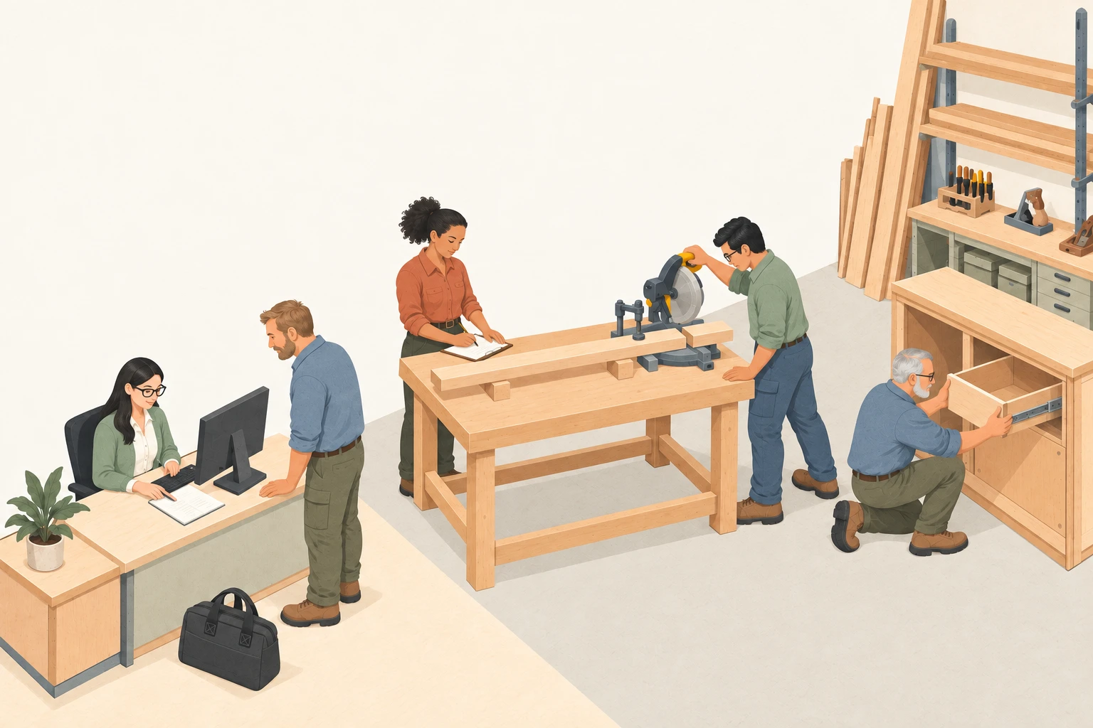 Office staff and tradespeople working together, from reception to the workshop.