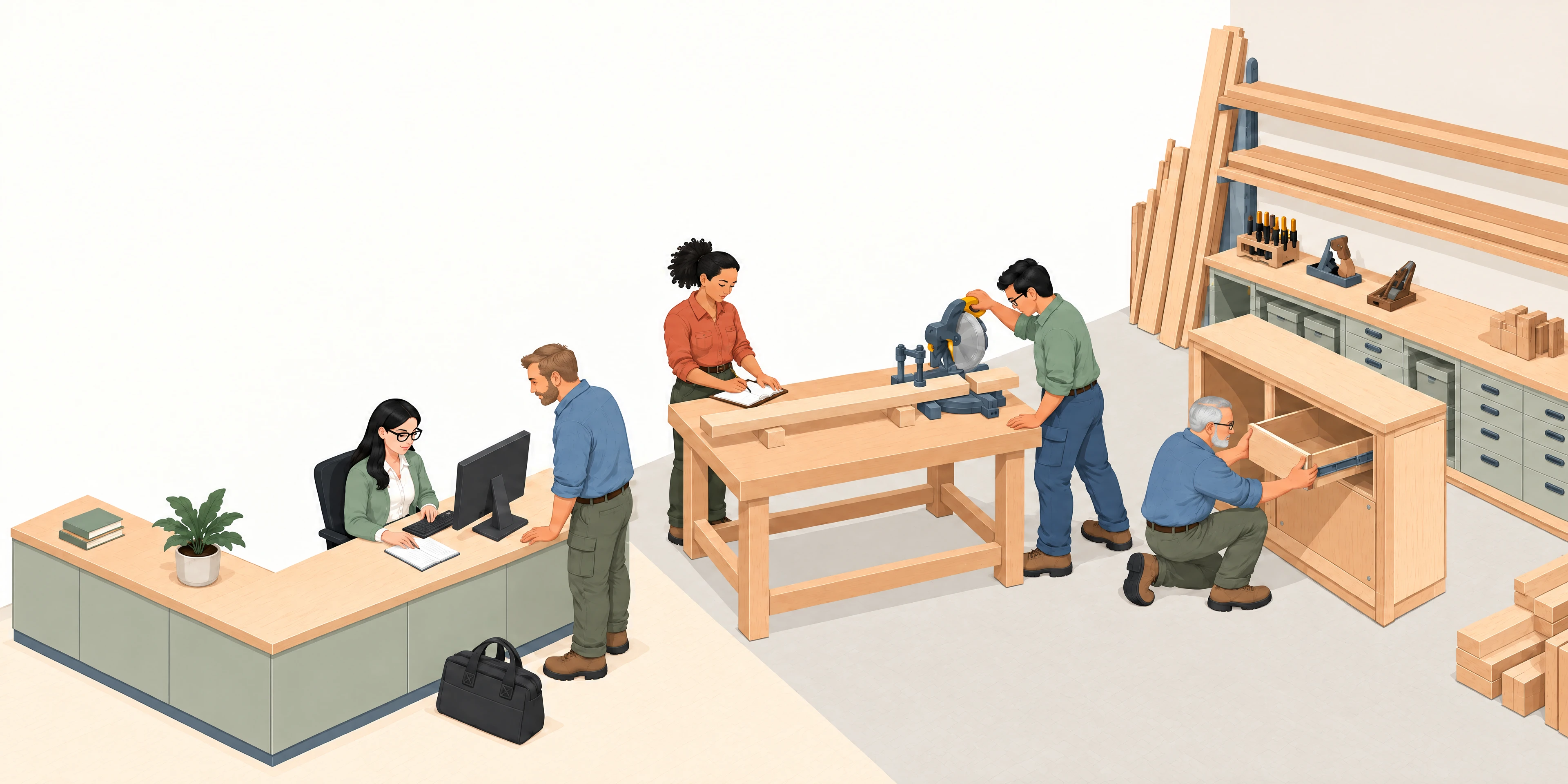 Office staff and tradespeople working together, from reception to the workshop.