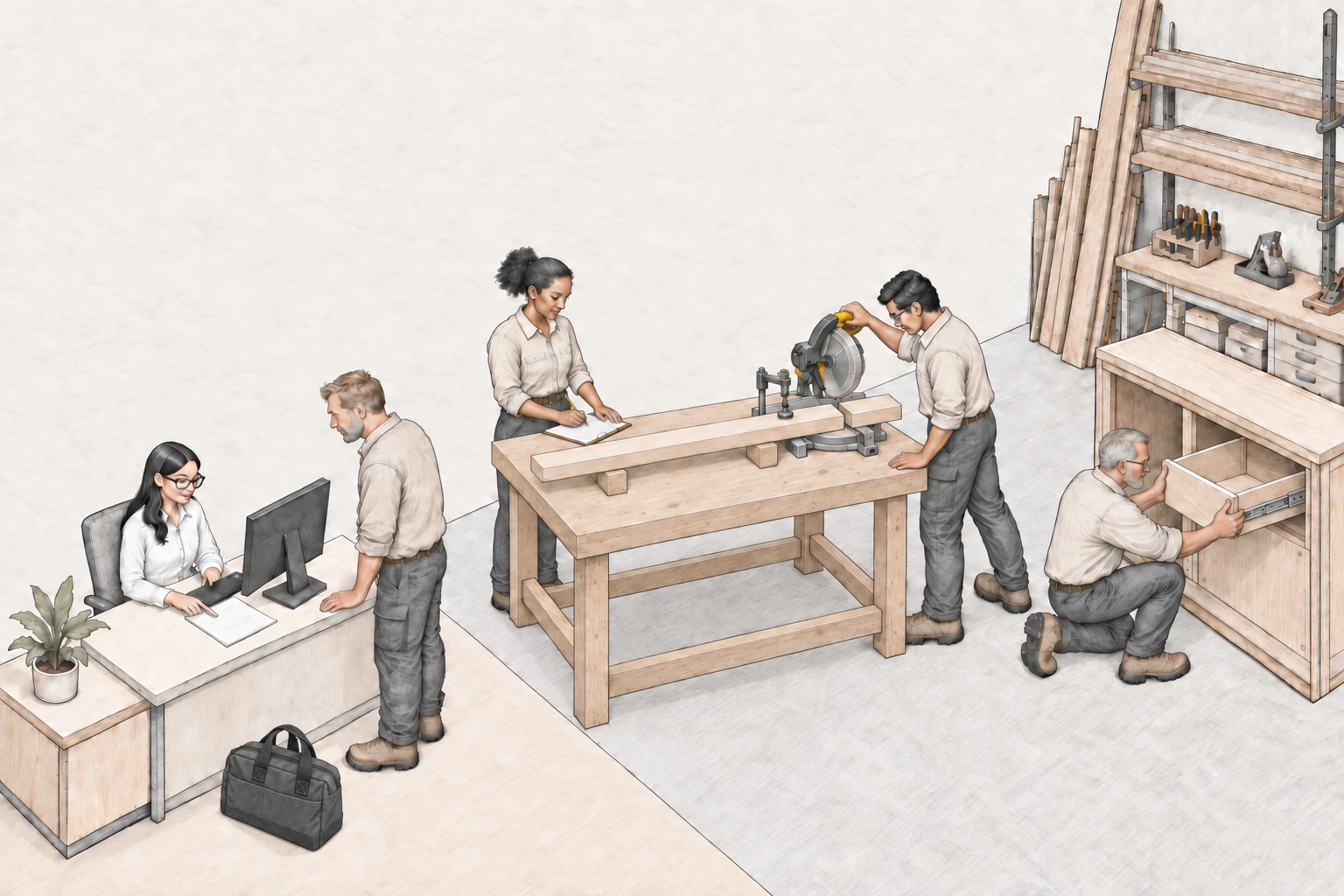Office staff and tradespeople working together, from reception to the workshop.